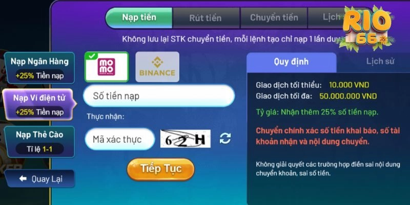 Lưu ý khi thực hiện nạp tiền tại Rio66